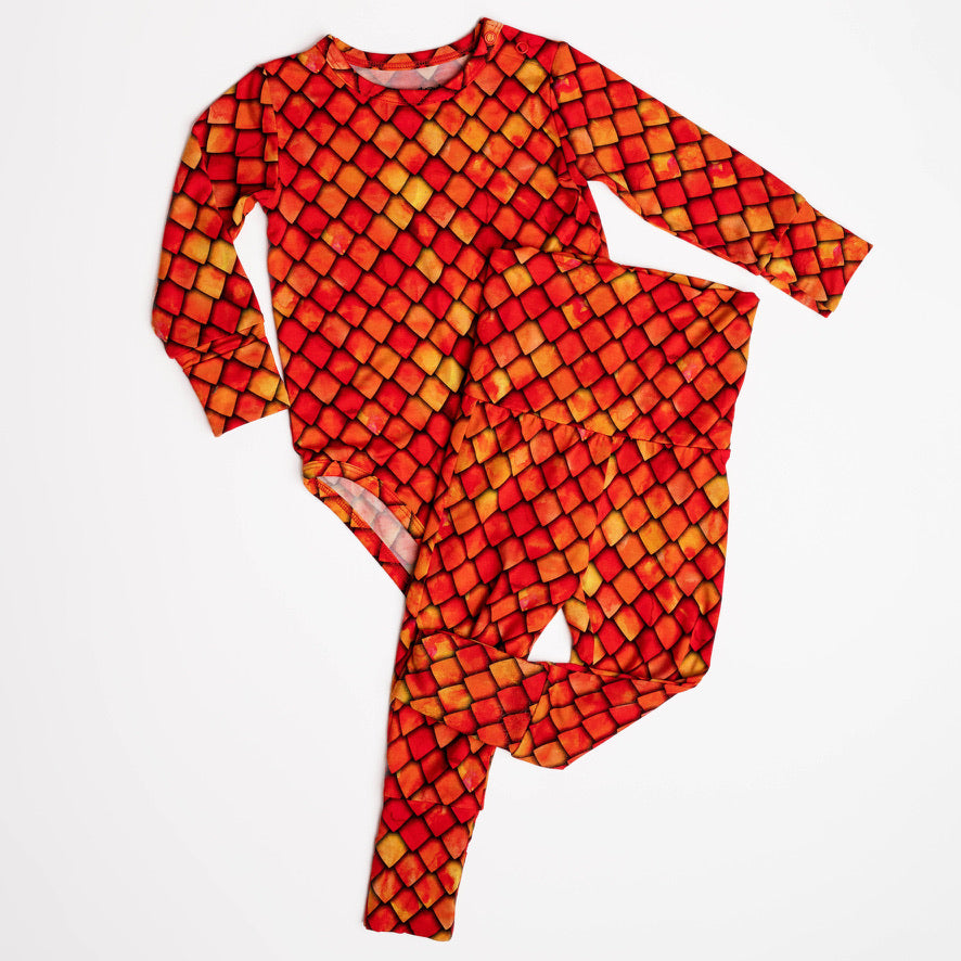 Collection of Red Dragon Scales Long Sleeve Bodysuit/Infant Lounge Pants Bundle in a gallery layout