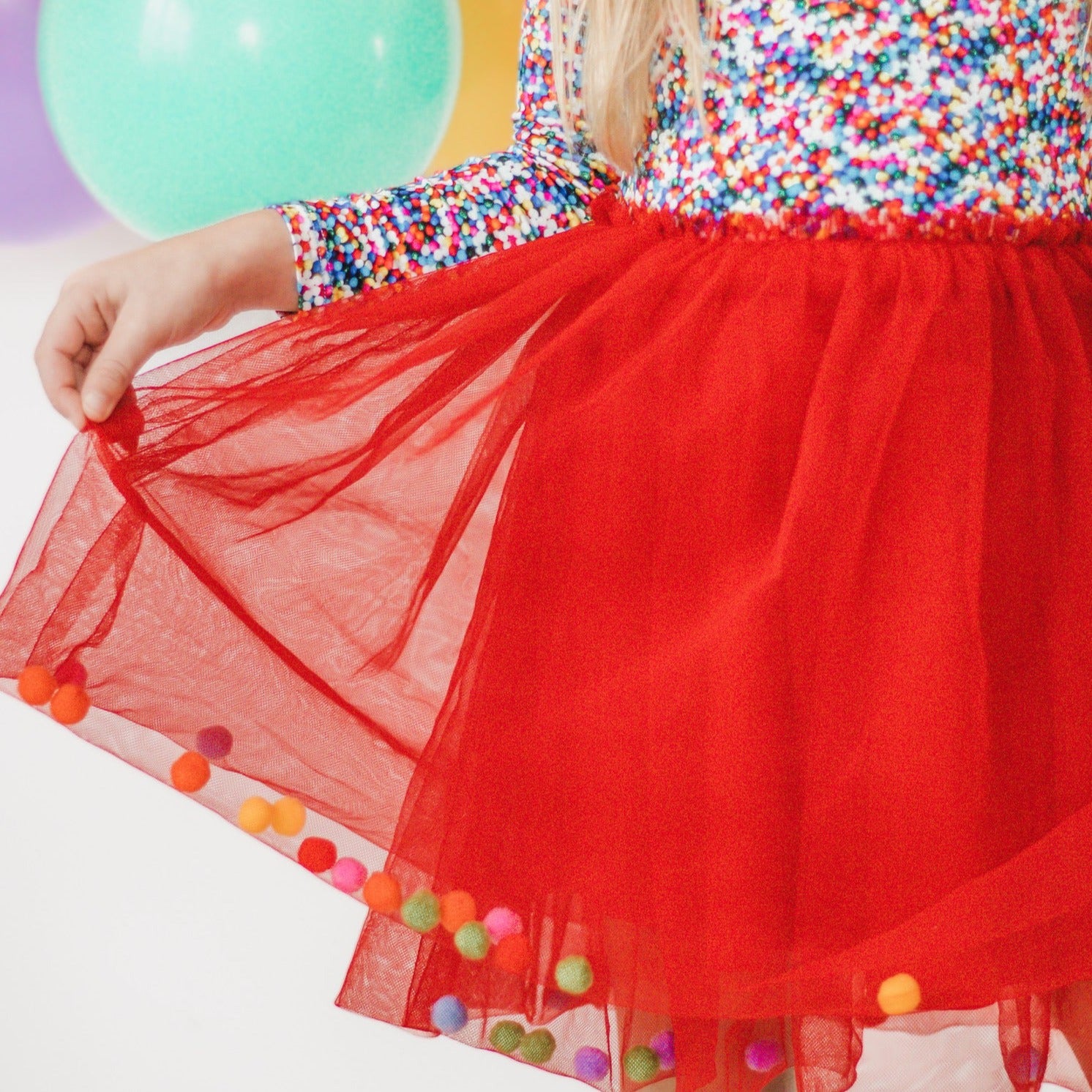 Rainbow Sprinkles Long Sleeve Pom Pom Party Dress